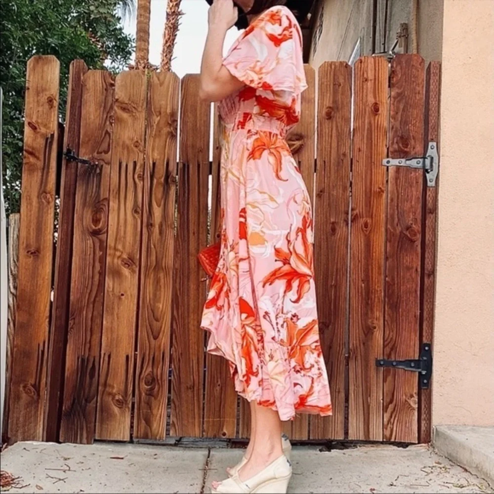 Pink Floral Lily Print High Low Maxi Dress Short Flutter Sleeve‎ Smocked Waist